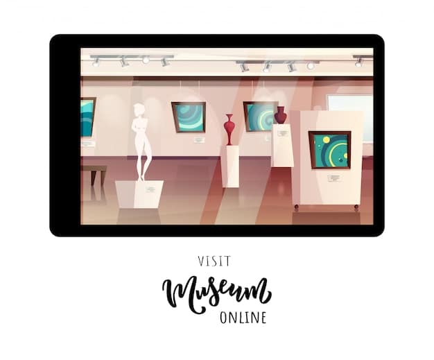 A screenshot of an art gallery's website featuring an online exhibition. The website is user-friendly, allowing visitors to zoom in on artworks, read artist statements, and make purchases online. A banner promotes an upcoming virtual tour of the gallery.