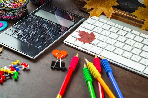 An artist reviewing financial documents at a desk, surrounded by art supplies and a computer displaying tax software. The scene represents the integration of art and finance in an artist's life.