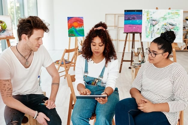 A group of artists attending an art fair, networking and discussing art in a lively and engaging environment.