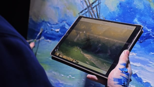 A journalist in a well-lit office, reviewing a press kit with high-quality art images. A tablet displays the artist's online portfolio, emphasizing digital presentation.