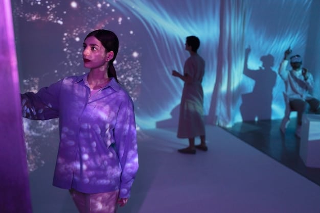 A digital rendering of a virtual art gallery opening night, with avatars of people looking at contemporary art pieces on display. The scene is set with a dynamic lighting highlighting the artworks and creating a social event atmosphere.