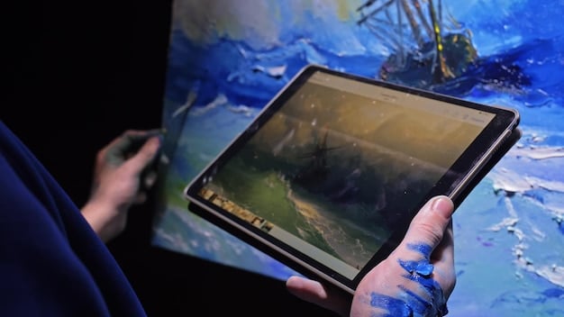 A conceptual rendering showing a virtual art gallery interface on a tablet, displaying options for viewing 3D models of sculptures and high-resolution images of paintings with accompanying artist information. The interface is user-friendly and intuitive.