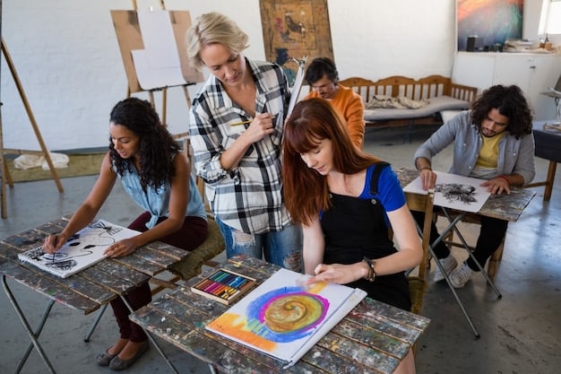 Artists gathered at a workshop, collaborating on a community art project, highlighting the importance of collaboration and community engagement.