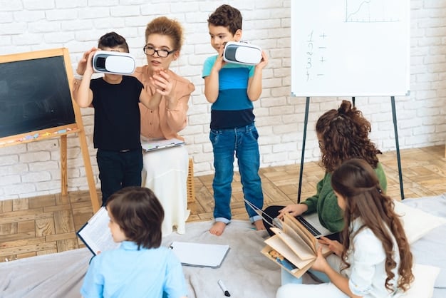 Art students working with VR equipment in a modern classroom