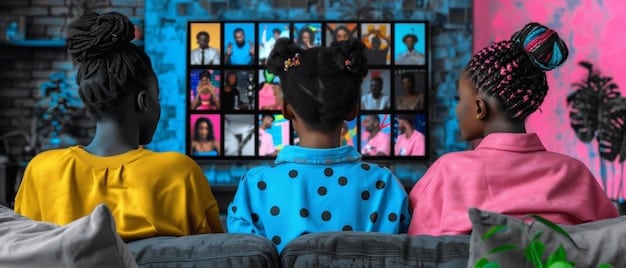 A diverse cast of actors on a modern television screen, with various streaming service logos subtly visible, symbolizing evolving media representation and content.