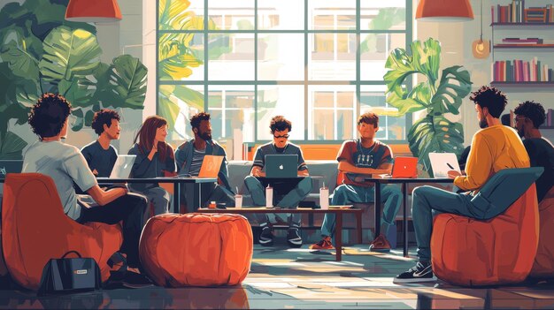 A diverse group of college students engaged in an animated discussion in a modern university library, surrounded by books and technology. The image conveys a sense of collaboration and intellectual curiosity.