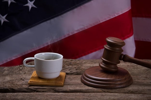 A gavel resting on a law book with the American flag subtly blurred in the background, symbolizing the weight of legal decisions and national implications. The image evokes a sense of justice and authority.