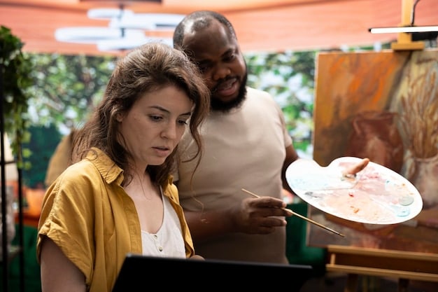 A diverse group of artists, including a painter, musician, and digital designer, collaboratively reviewing legal documents and computer screens, symbolizing the new need for artists to understand copyright law. The setting is a modern creative studio.