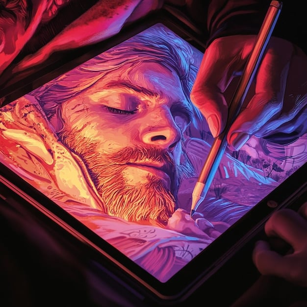 A digital artist meticulously editing an AI-generated image on a high-resolution screen, with layered digital tools and a detailed legal agreement in the background, symbolizing the human element in AI art and ownership.