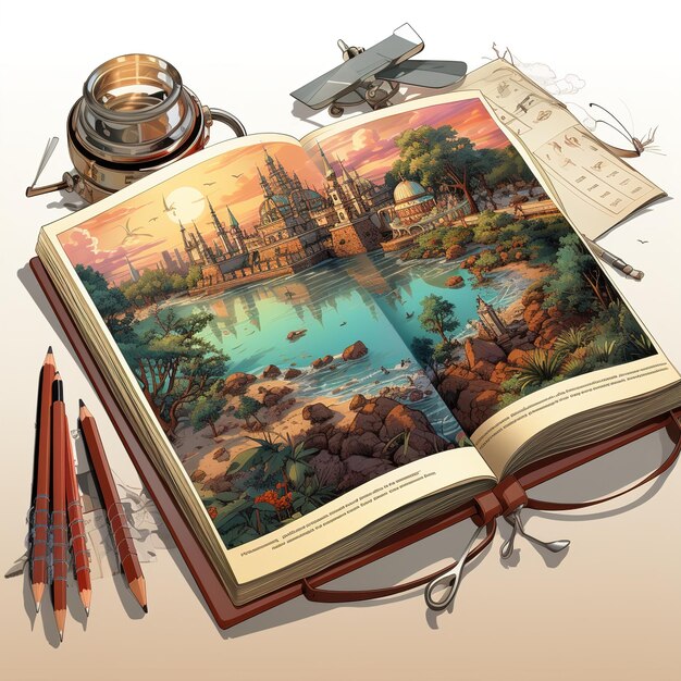 An open book with old illustrations and modern digital art tools superimposed, highlighting the interplay between public domain works and contemporary creation, with a subtle legal document background.