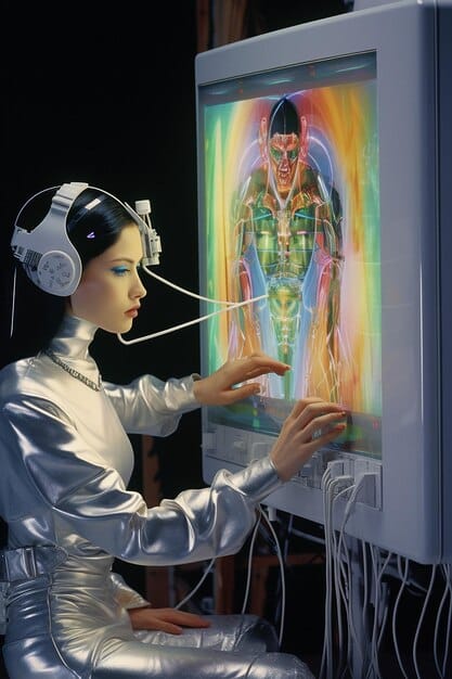 A digital artist collaborating with an AI interface, showing code and generated artwork side-by-side on screens. The artist is actively guiding the AI, demonstrating human oversight.