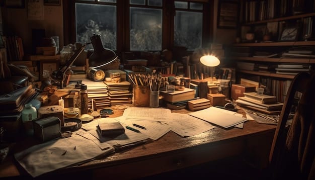 A lawyer's desk cluttered with books and a glowing AI brain model, symbolizing the complex legal challenges and copyright issues surrounding AI-generated art.